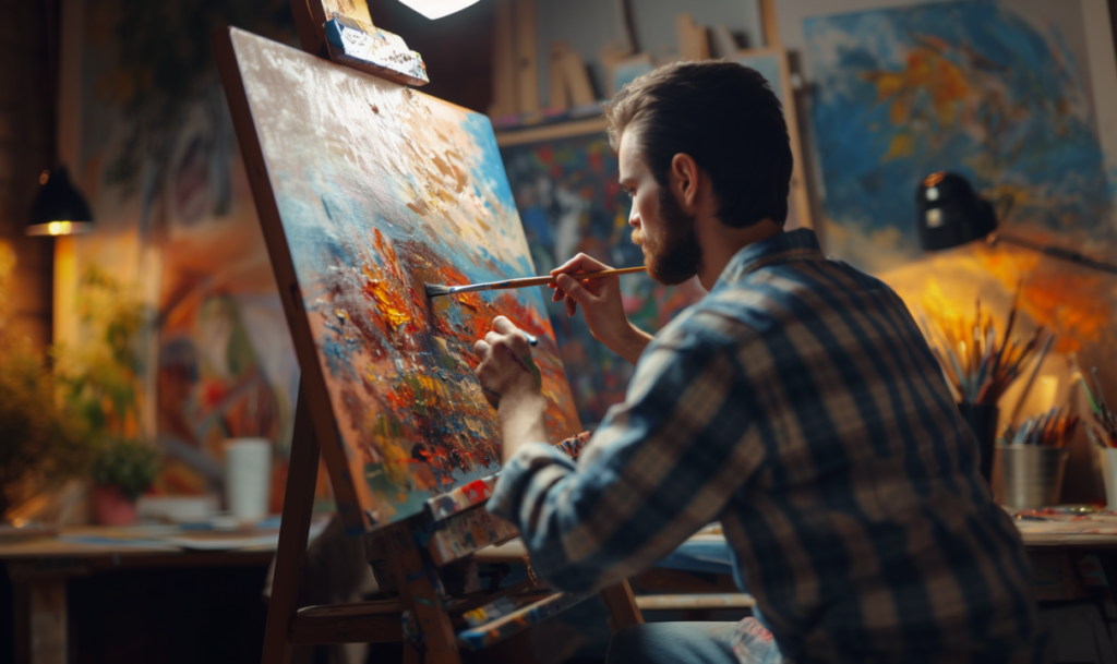 Image of a white man painting which can be a hobby used to reduce stress. Taking time for hobbies can be an important part of stress management. However when that isn't enough therapy for stress in San Diego can give you the tools that you need.