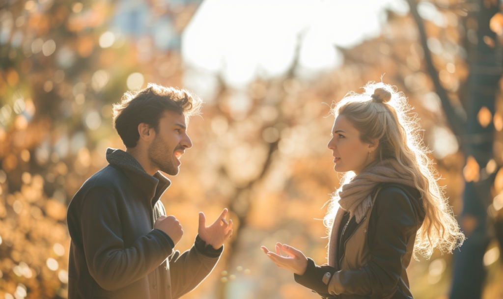 Image of a couple outside arguing. Representing the type of tension that a San Diego couples therapist and marriage counselor can help resolve. Through couples therapy and marriage counseling you can help improve communication & connection.