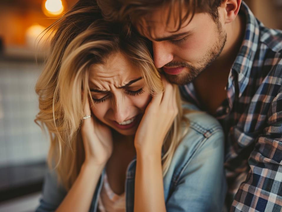 Image of a woman crying and her partner consoling her. Showing the pain that infidelity therapy in Portland, OR can help repair with support of an online therapist.